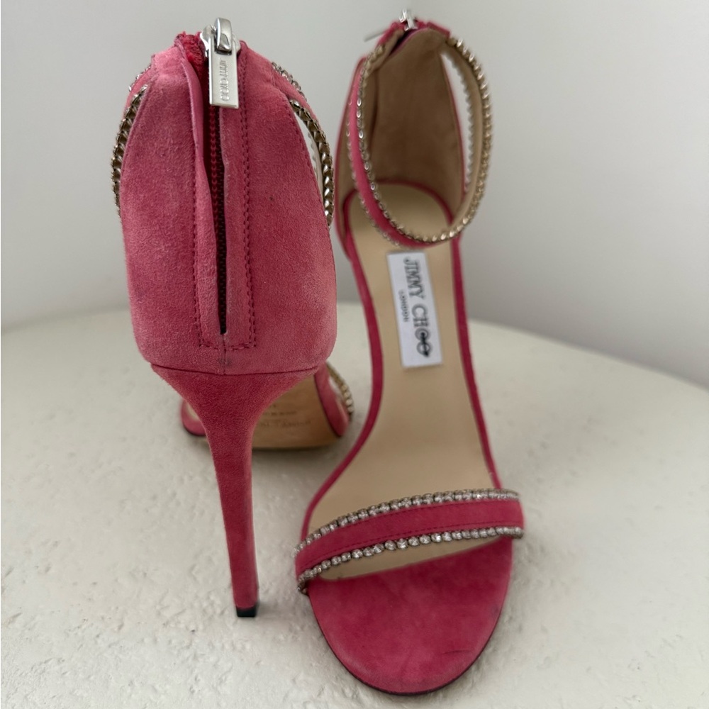 Jimmy Choo Pink Suede Crystal-Trim Ankle Strap Heels